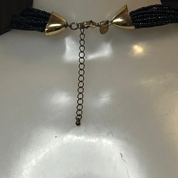 Charming Charlie Gold Accent Black Seed Bead Strand Necklace Statement Elegant - Picture 3 of 4